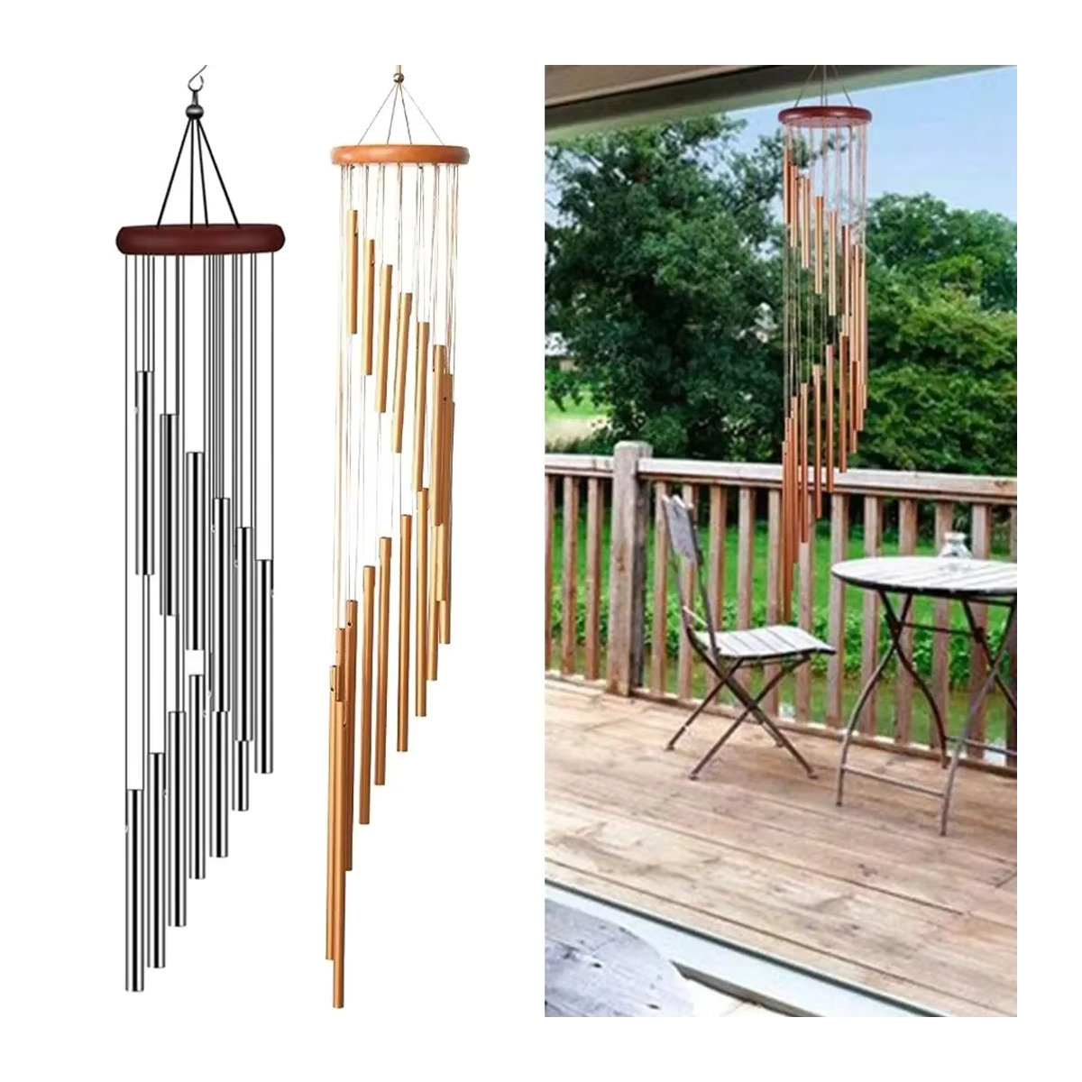 Windspiel aus Aluminium mit 12 Metallrohren in Gold und Alufarben inklusive Haken zur Garten- und Außen-Dekoration - Bild 1