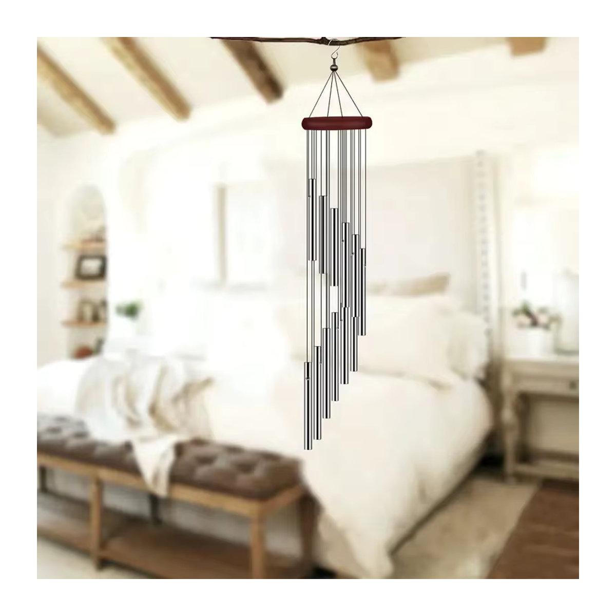 Windspiel aus Aluminium mit 12 Metallrohren in Gold und Alufarben inklusive Haken zur Garten- und Außen-Dekoration - Bild 3