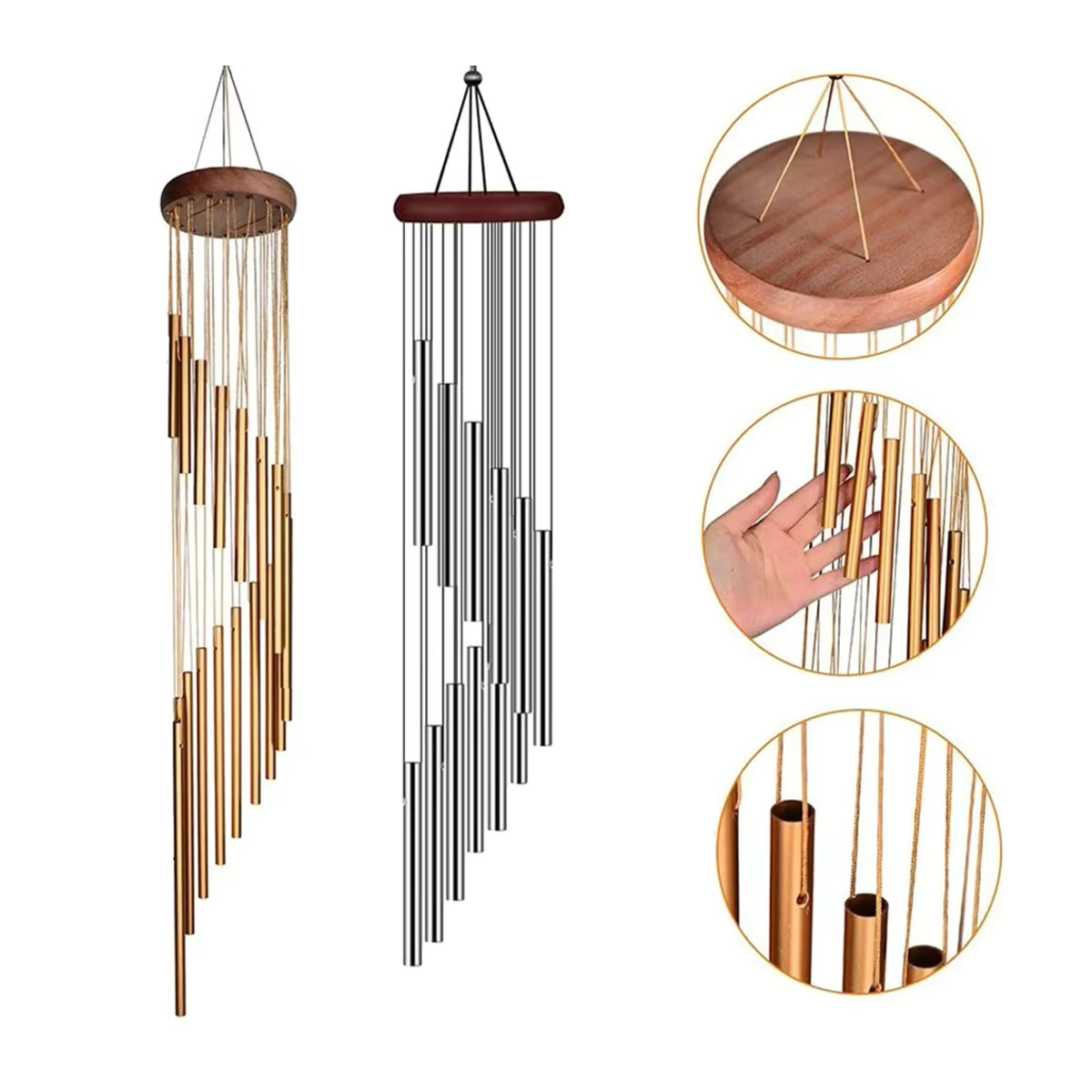 Windspiel aus Aluminium mit 12 Metallrohren in Gold und Alufarben inklusive Haken zur Garten- und Außen-Dekoration - Bild 6
