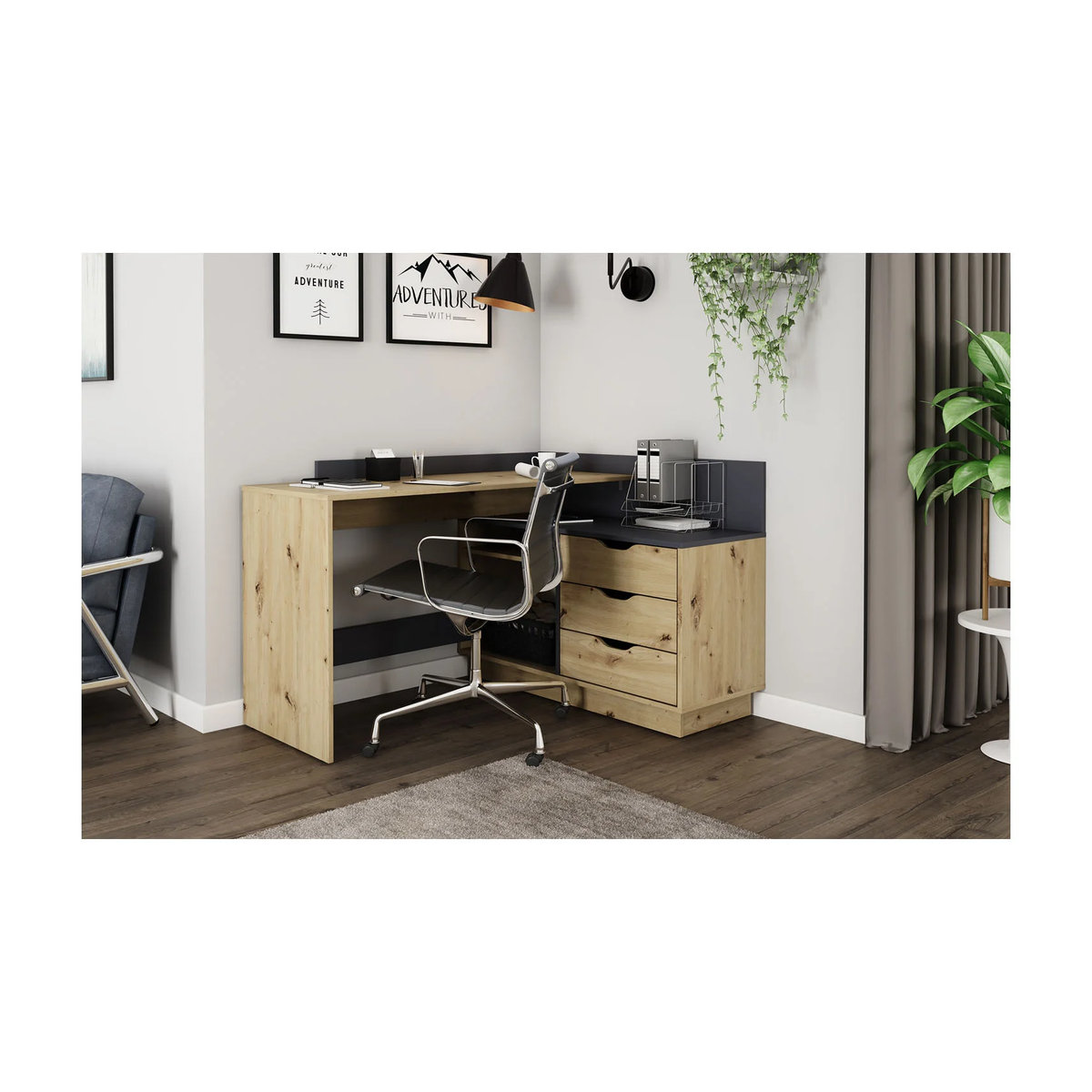 Winkelschreibtisch byLIVING Belfast in Artisan Eiche und Anthrazit, B: 129 cm, T: 105 cm, H: 49 cm - Bild 2