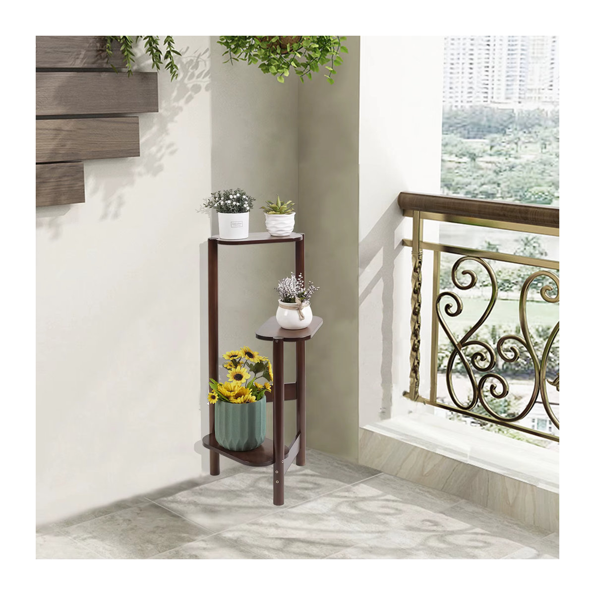 Wisfor 3-stöckiges Bambus-Pflanzenregal in Natur Braun als Blumenständer und Topfhalter für Balkon und Garten - Bild 5