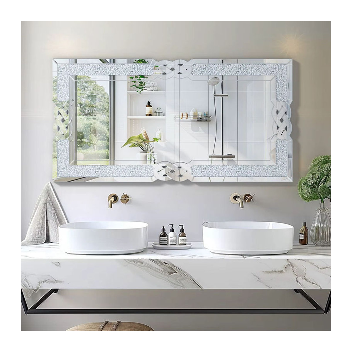 Wisfor Wandspiegel in Silber mit rechteckigem Glas und dekorativem Kristallrahmen, B/H: 90 x 90 cm - Bild 3