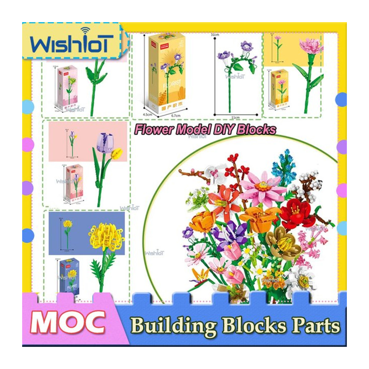 wishiot Mini Ziegel Blumenstrauß Modell Bausteine als DIY Pflanzen Dekoration für Kinder in Mehrfarbig - Bild 1