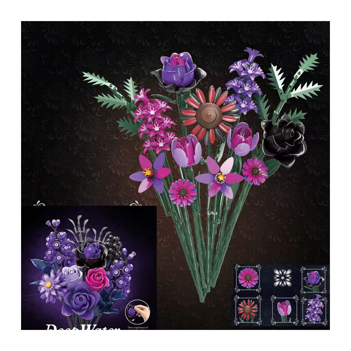 Wishiot MOC Bausteine Rosenstrauß Lila Künstliche Blumen als DIY Dekoration und Geschenk - Bild 3