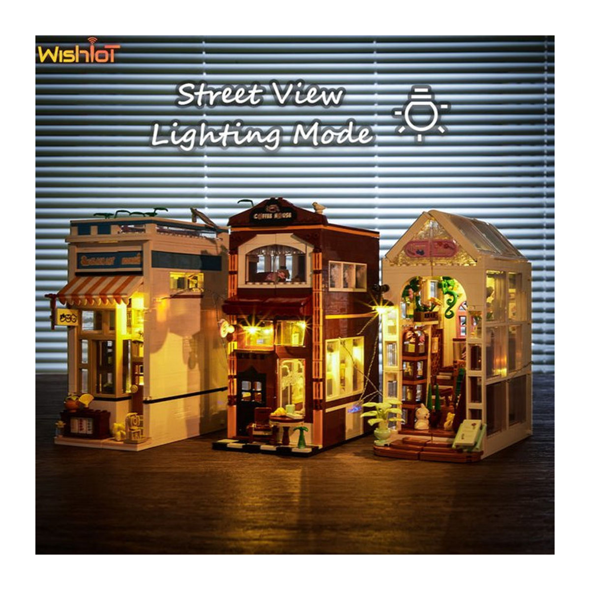 wishiot MOC Bausteine Street View Set mit Katze, Buchhandlung, Café und Blumenladen, Erweiterbare Kreativ-Bausteine mit Licht, Mehrfarbig - Bild 1
