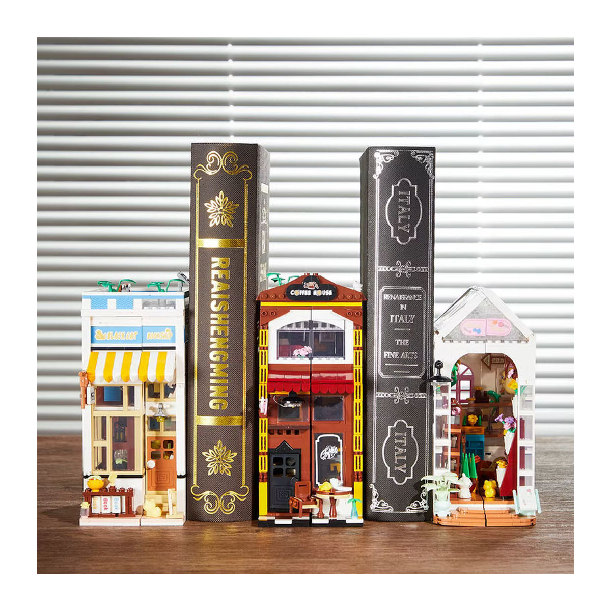 wishiot MOC Bausteine Street View Set mit Katze, Buchhandlung, Café und Blumenladen, Erweiterbare Kreativ-Bausteine mit Licht, Mehrfarbig - Bild 2