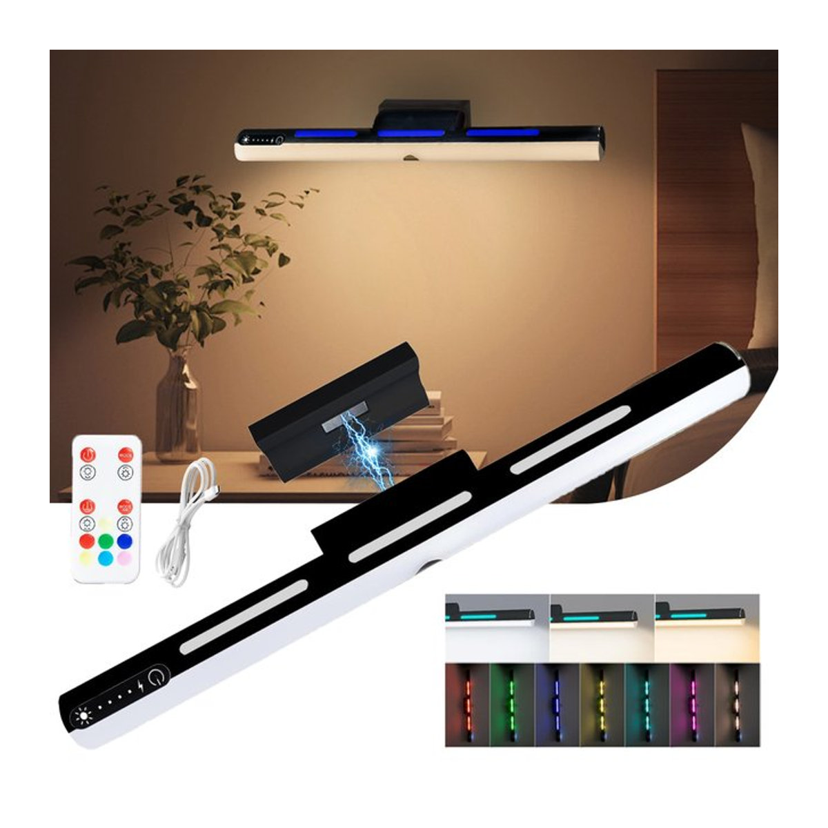 WLGNM Moderne magnetische LED-Wandleuchte, wiederaufladbare Touch-Schrankleuchte mit dreifarbiger Farbtemperatur und RGB-Atmosphärenlicht, Spiegel-Frontlicht in Schwarz/Weiß - Bild 1