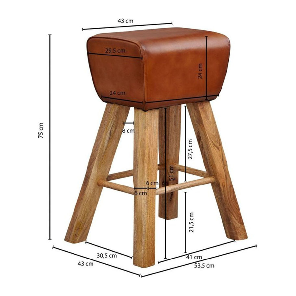 Wohnling Barhocker aus Echtleder und Massivholz in Braun Natur, Skandinavisch, B/T/H: 43 x 43 x 75 cm - Bild 1