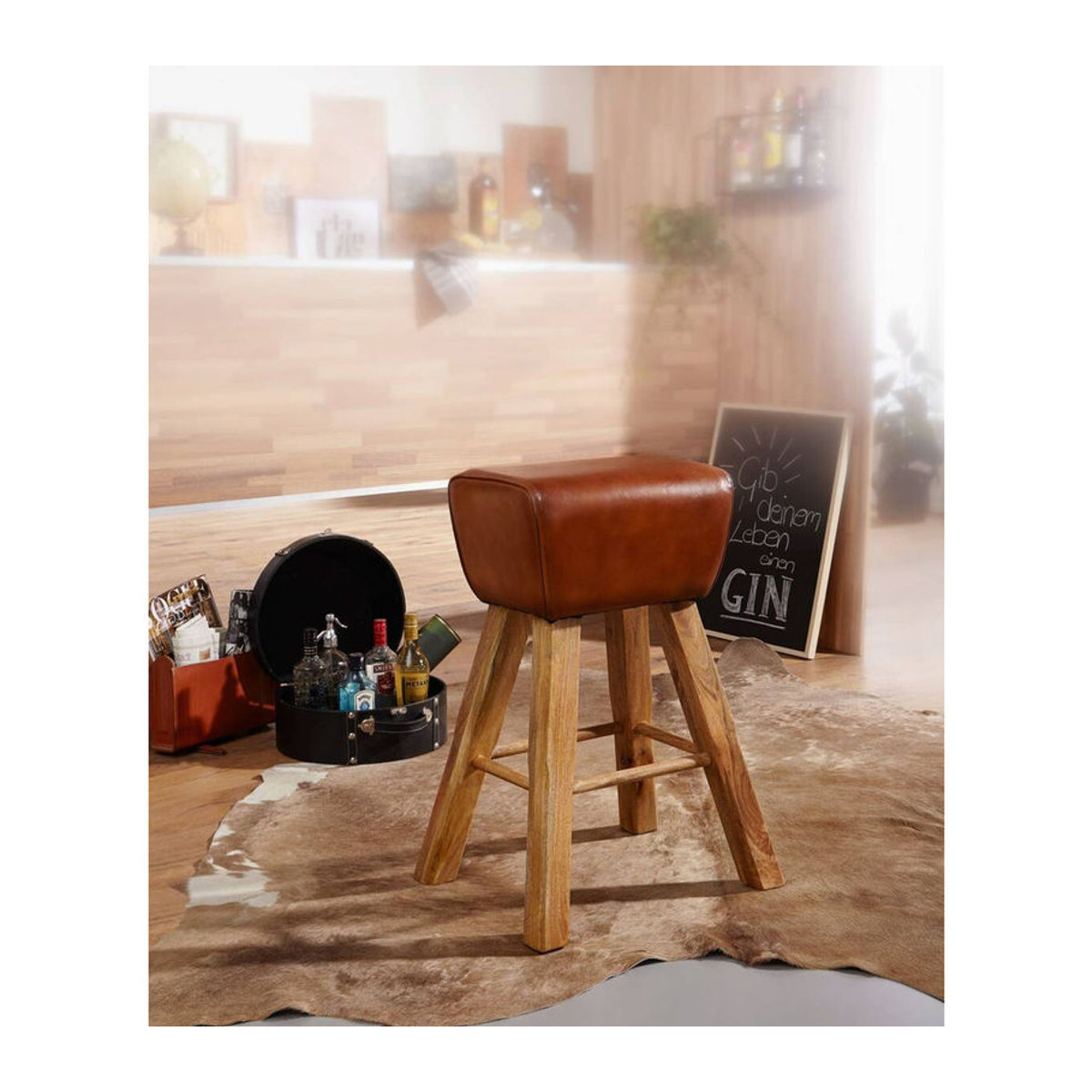 Wohnling Barhocker aus Echtleder und Massivholz in Braun Natur, Skandinavisch, B/T/H: 43 x 43 x 75 cm - Bild 2