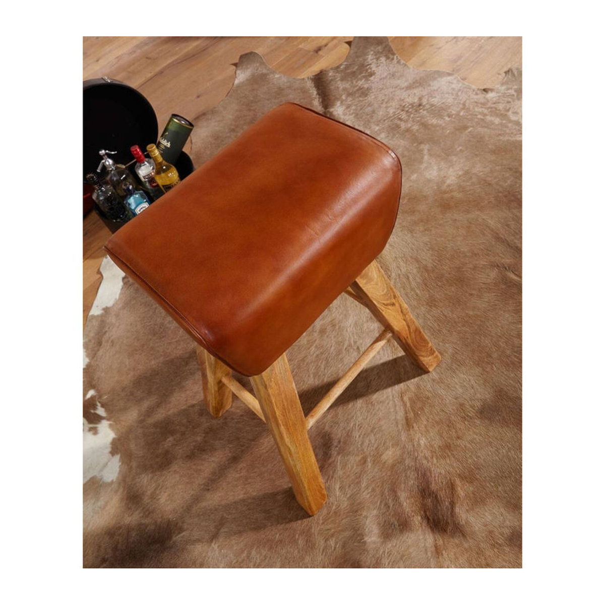 Wohnling Barhocker aus Echtleder und Massivholz in Braun Natur, Skandinavisch, B/T/H: 43 x 43 x 75 cm - Bild 4