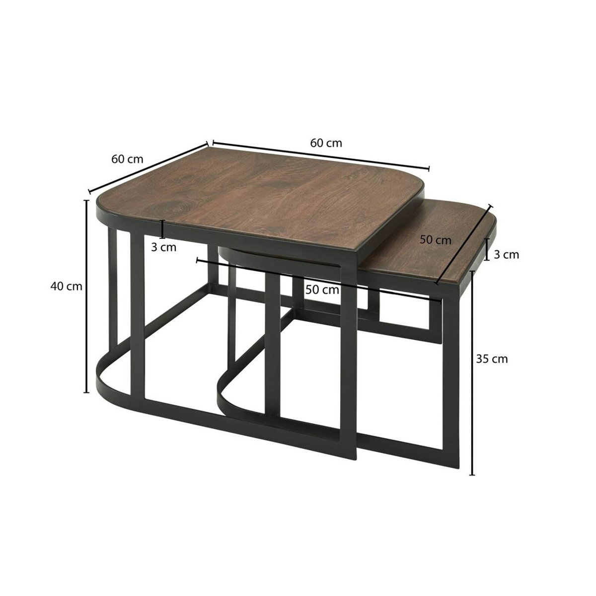 Wohnling Beistelltisch 2er-Set im Industrial Design aus Massivholz und Metall in Schwarz und Natur - Bild 2
