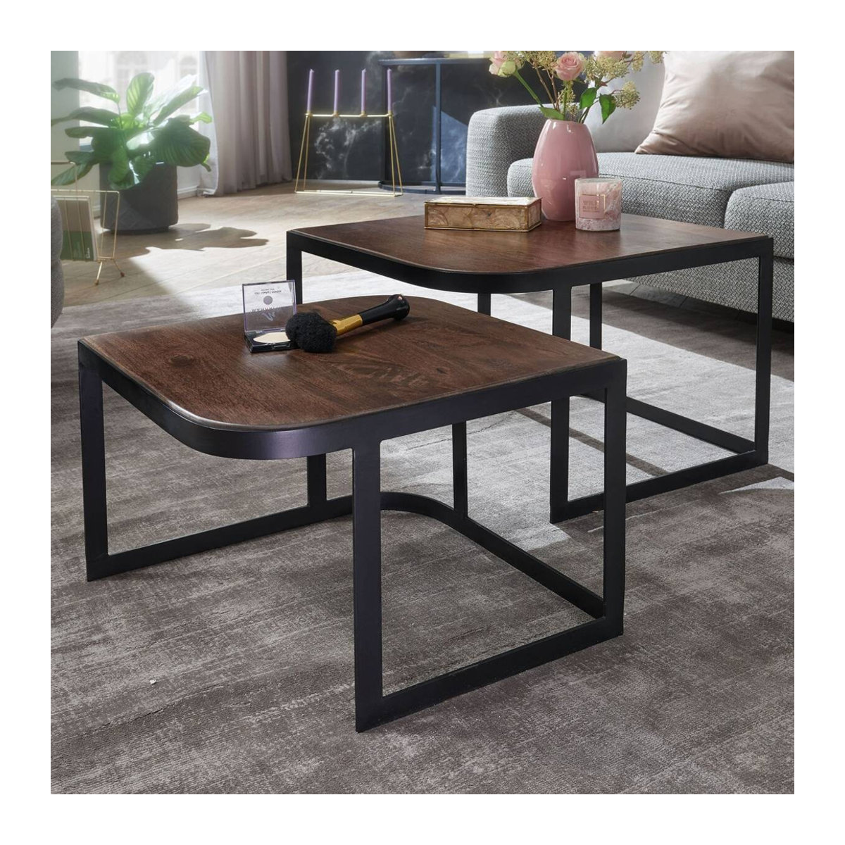 Wohnling Beistelltisch 2er-Set im Industrial Design aus Massivholz und Metall in Schwarz und Natur - Bild 4