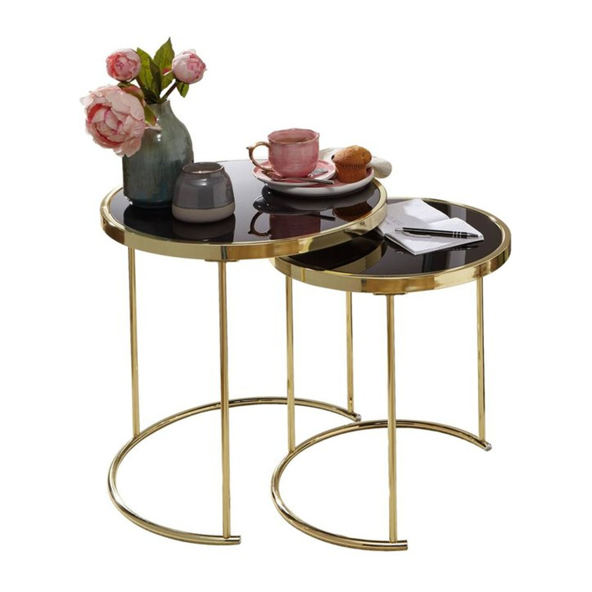 Wohnling Beistelltisch 2er-Set Modern Glamour aus Metall und Glas in Schwarz und Gold - Bild 1