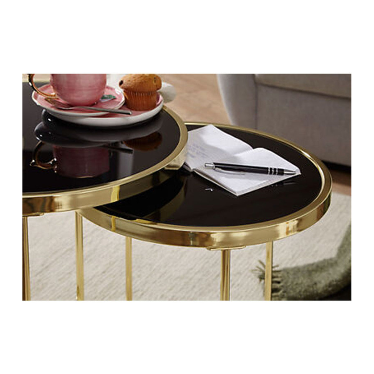 Wohnling Beistelltisch 2er-Set Modern Glamour aus Metall und Glas in Schwarz und Gold - Bild 2