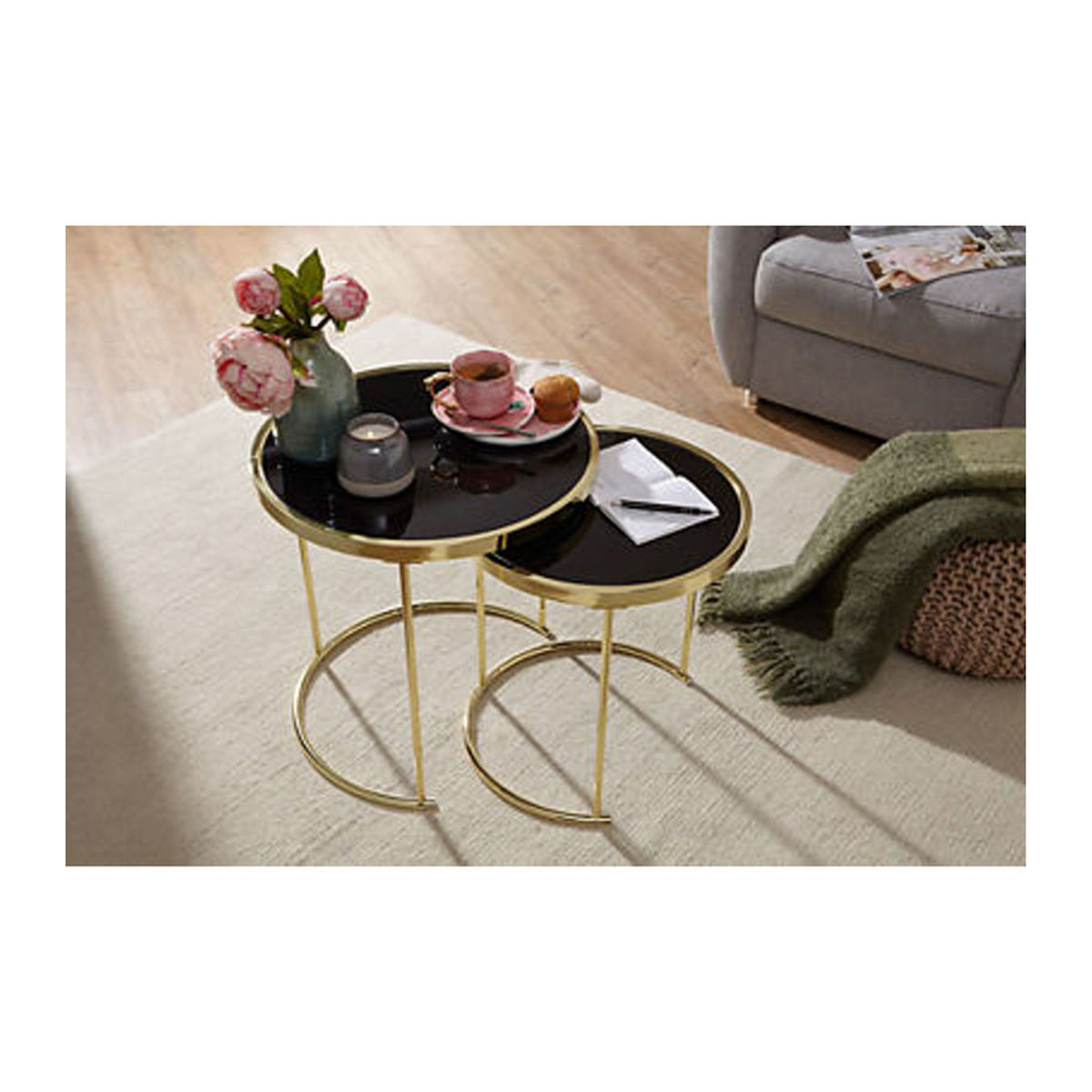 Wohnling Beistelltisch 2er-Set Modern Glamour aus Metall und Glas in Schwarz und Gold - Bild 4