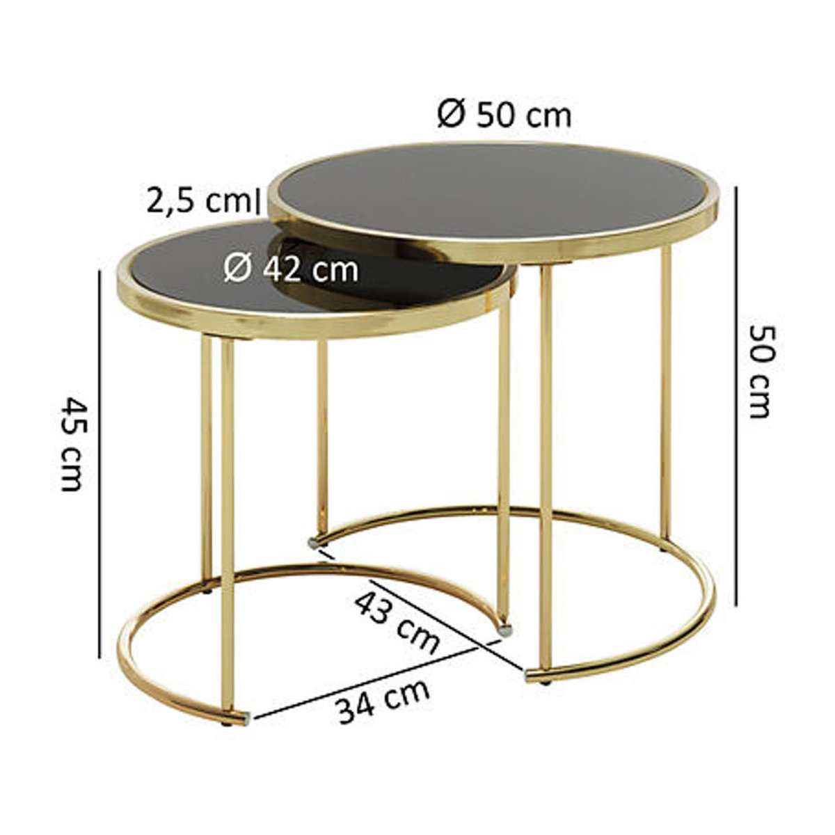 Wohnling Beistelltisch 2er-Set Modern Glamour aus Metall und Glas in Schwarz und Gold - Bild 5