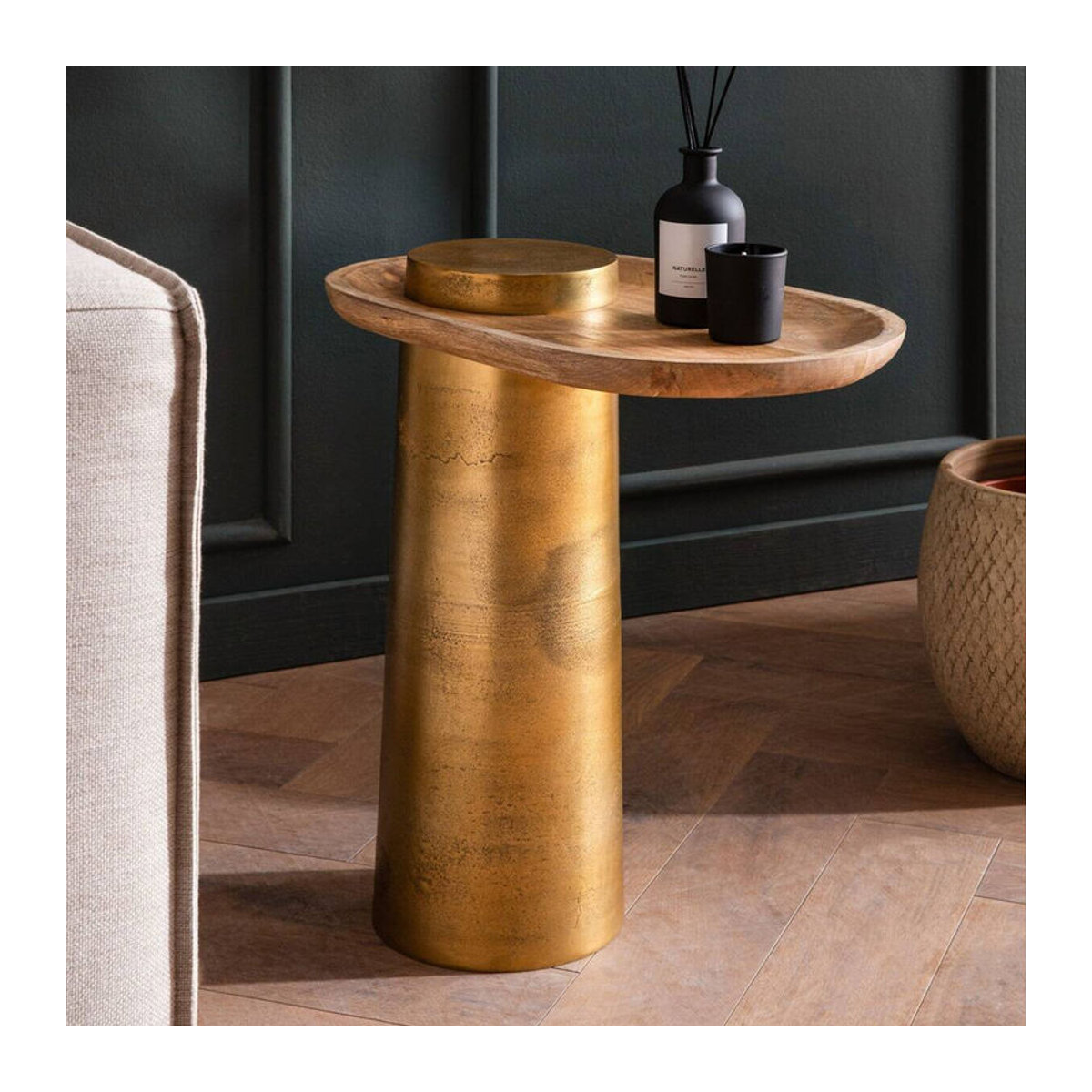 Wohnling Beistelltisch Modern aus Massivholz und Aluminium in Braun und Gold, B/H/T: 50 x 52 x 30 cm - Bild 2