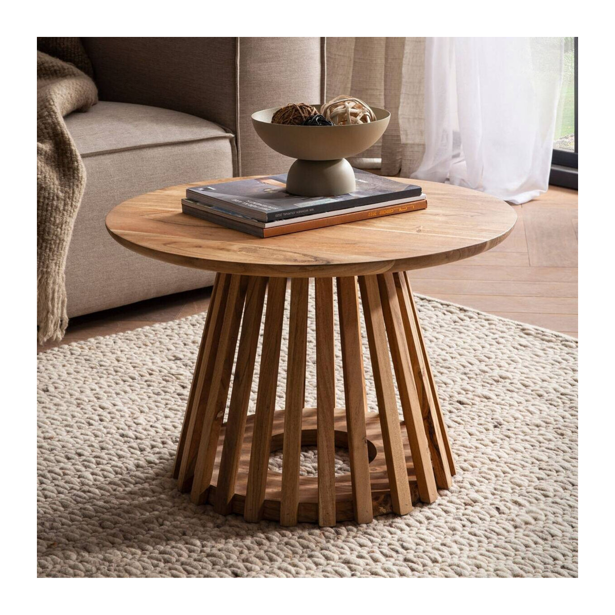 Wohnling Couchtisch aus Akazie Massivholz Rund Braun H: 40 cm, B: 60 cm, T: 60 cm - Bild 3