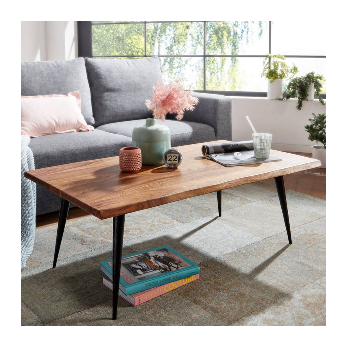 Wohnling Couchtisch aus Massivholz und Edelstahl in Braun, modern und rechteckig, B/H/T: 60 x 40 x 110 cm - Bild 5