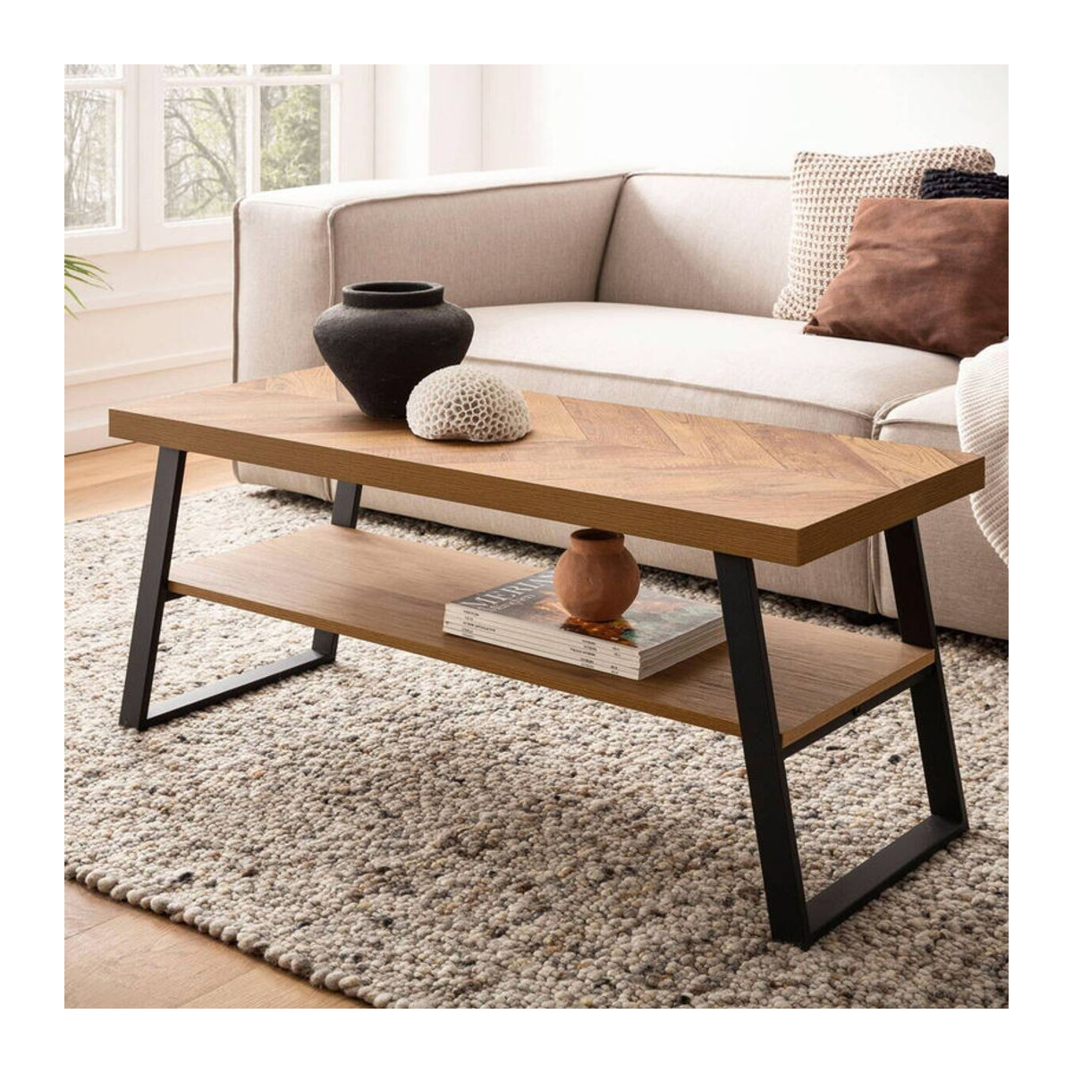 Wohnling Couchtisch Industrial Design aus Eiche Natur und Schwarz, B/H/T: 100 x 41 x 40 cm - Bild 3