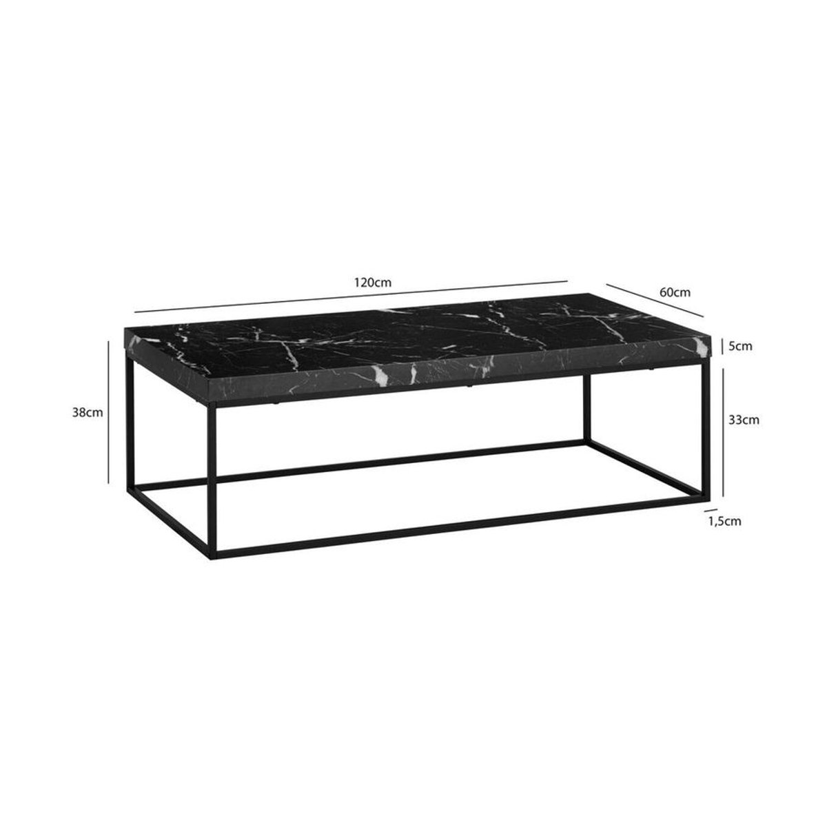 Wohnling Couchtisch Modern in Schwarz mit Marmor-Optik und Eisen, Rechteckig, B/H/T: 120 x 38 x 60 cm - Bild 2