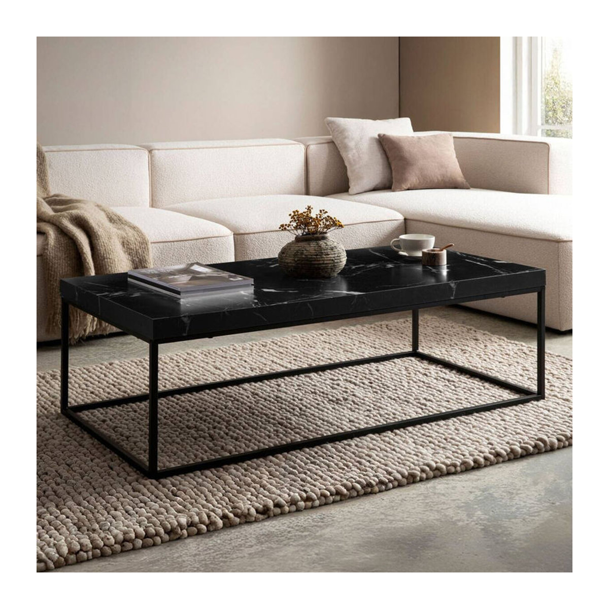 Wohnling Couchtisch Modern in Schwarz mit Marmor-Optik und Eisen, Rechteckig, B/H/T: 120 x 38 x 60 cm - Bild 3