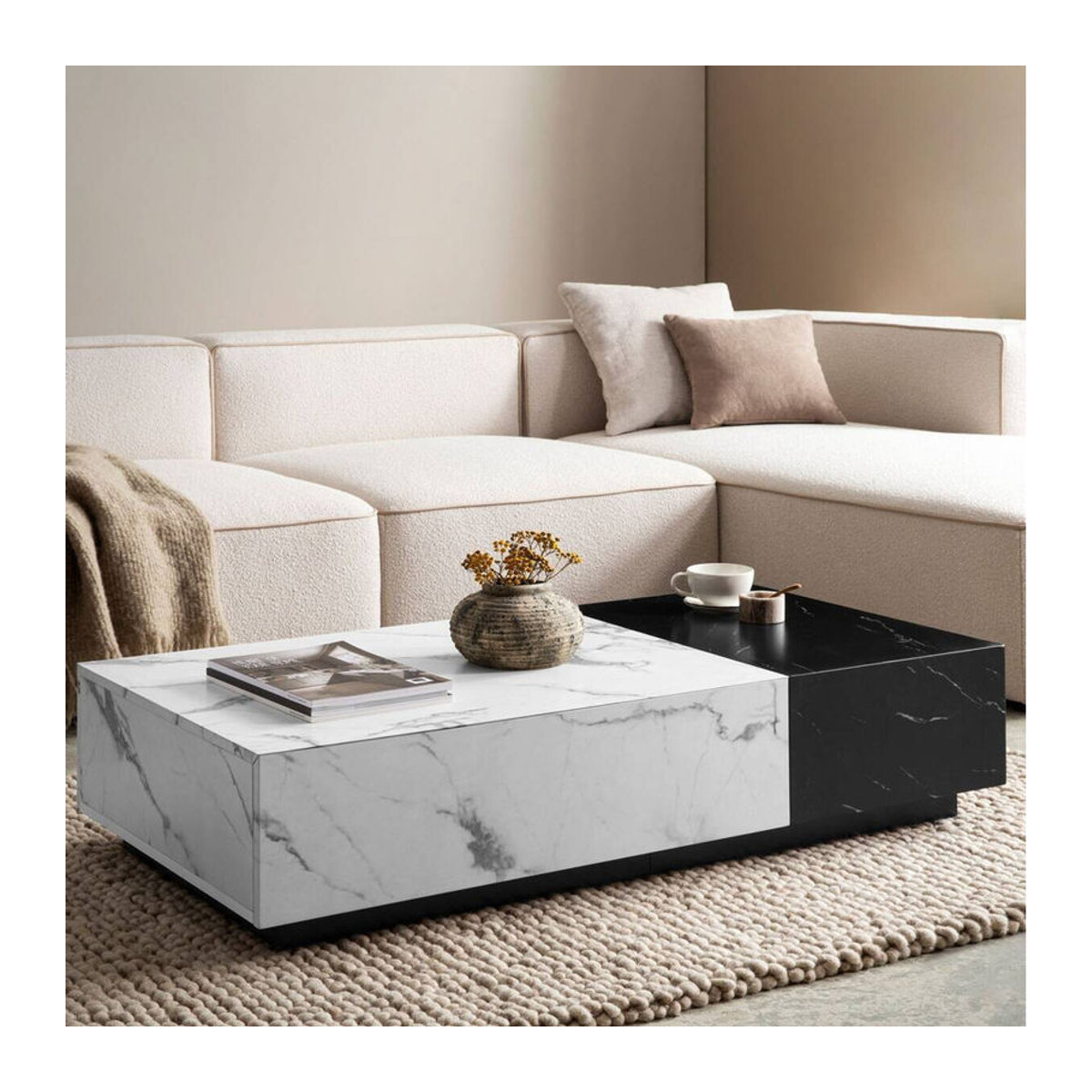 Wohnling Couchtisch modern in Schwarz und Weiß Marmor Optik B/T/H: 120 x 60 x 28 cm - Bild 5