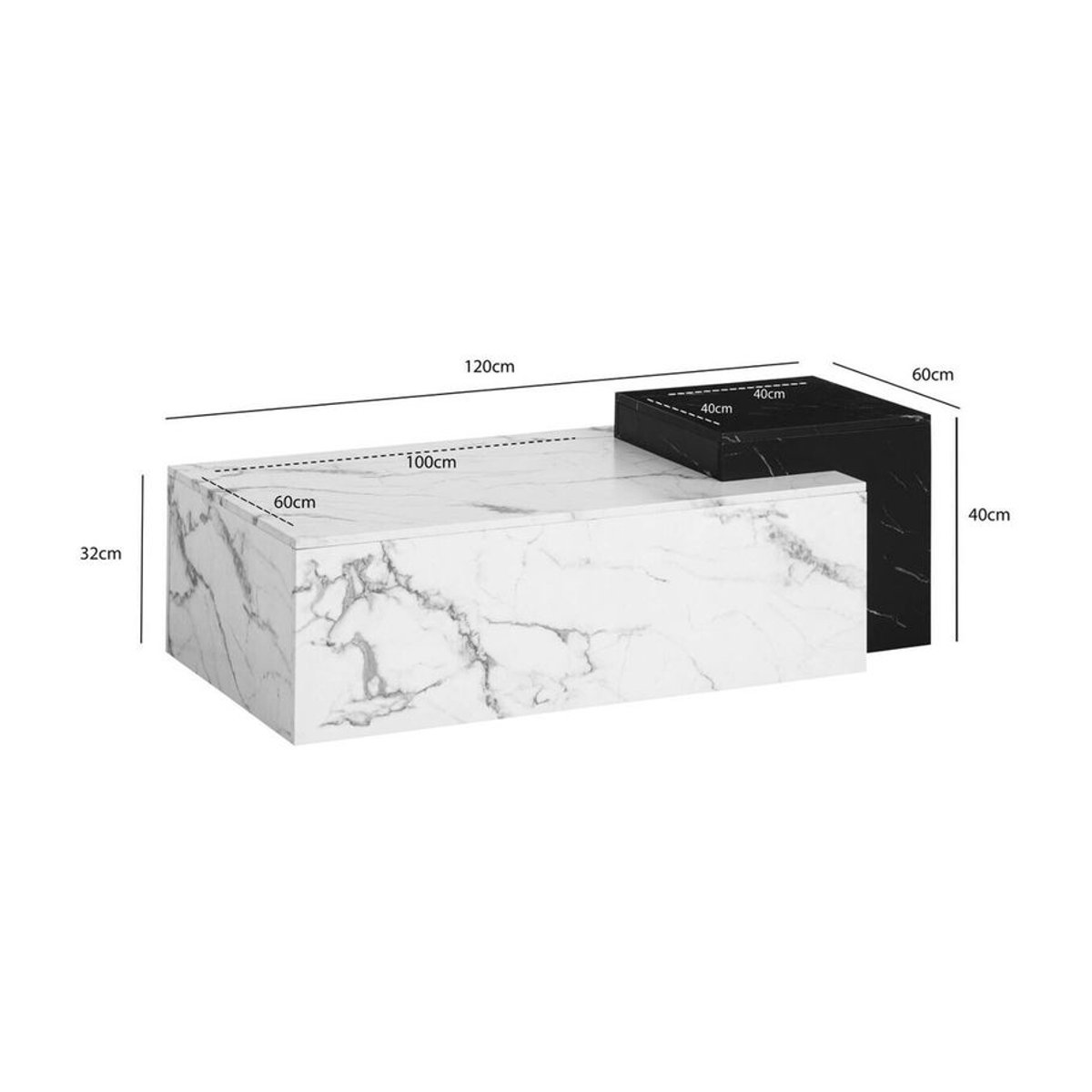Wohnling Couchtisch Modern in Schwarz/Weiß mit Marmor-Optik, Rechteckig, B/H/T: 120 x 40 x 60 cm - Bild 4