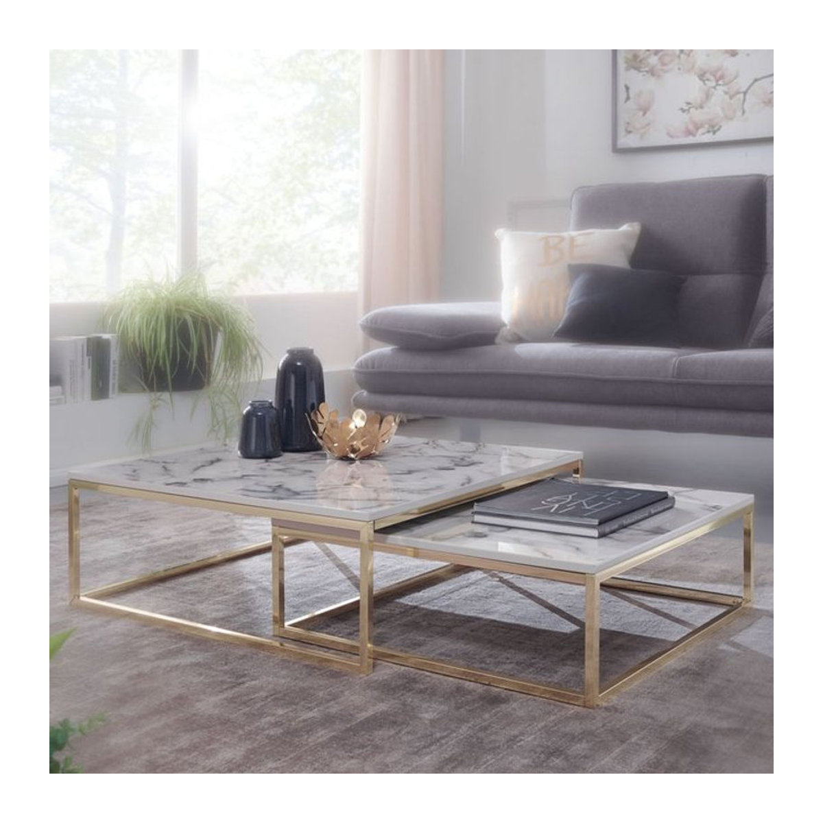 Wohnling Design Couchtisch 2er Set Modern in Weiß mit Marmor-Optik und Metallgestell Quadratisch - Bild 1