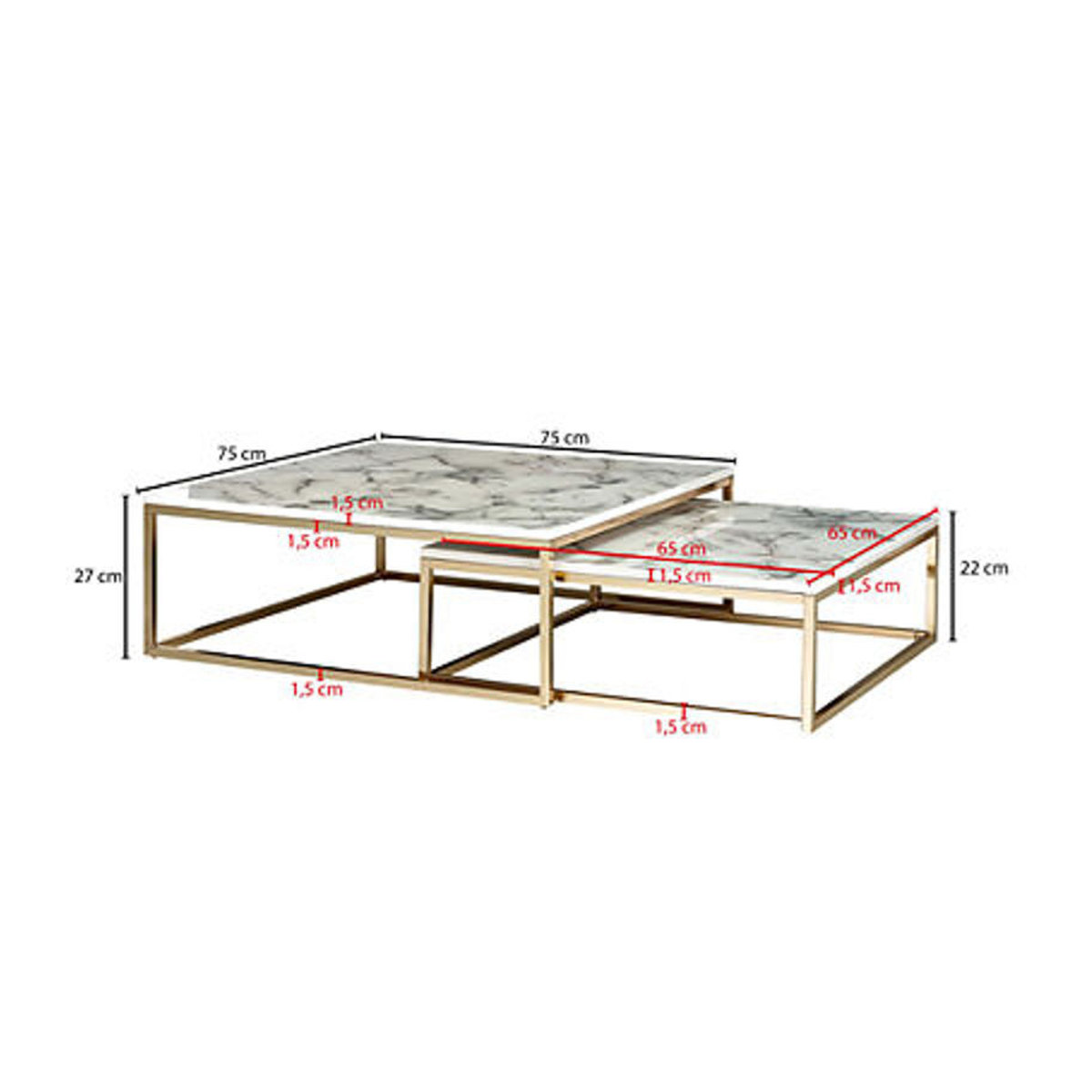 Wohnling Design Couchtisch 2er Set Modern in Weiß mit Marmor-Optik und Metallgestell Quadratisch - Bild 3