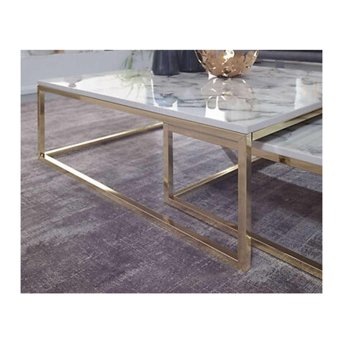 Wohnling Design Couchtisch 2er Set Modern in Weiß mit Marmor-Optik und Metallgestell Quadratisch - Bild 4