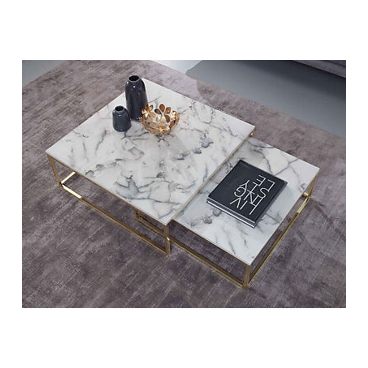 Wohnling Design Couchtisch 2er Set Modern in Weiß mit Marmor-Optik und Metallgestell Quadratisch - Bild 5