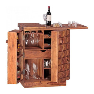 WOHNLING Hausbar aus Massivholz Sheesham in Braun, ausklappbare Weinbar im Landhausstil als Vitrine und Barschrank zur Aufbewahrung von Flaschen und Gläsern