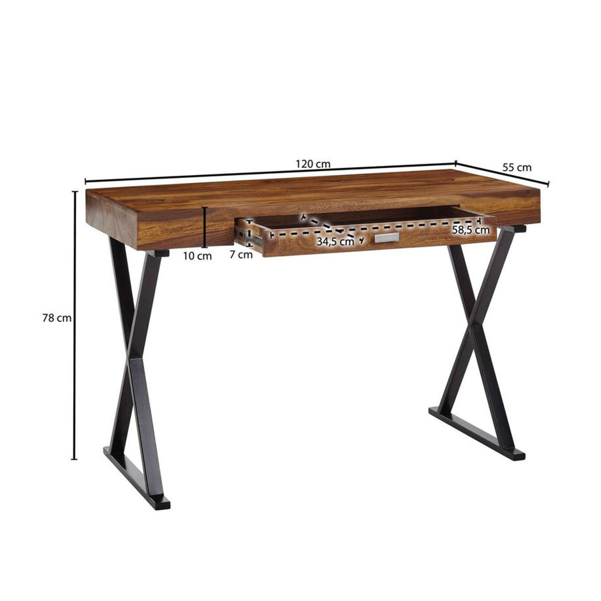 Wohnling Industrial Schreibtisch aus Massivholz und Edelstahl in Natur und Schwarz B/H/T: 120 x 78 x 55 cm - Bild 2