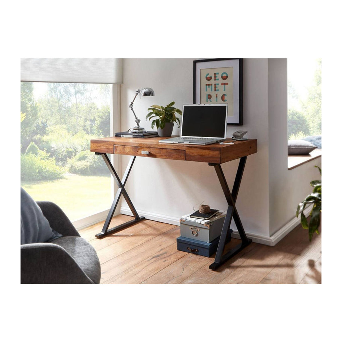 Wohnling Industrial Schreibtisch aus Massivholz und Edelstahl in Natur und Schwarz B/H/T: 120 x 78 x 55 cm - Bild 3