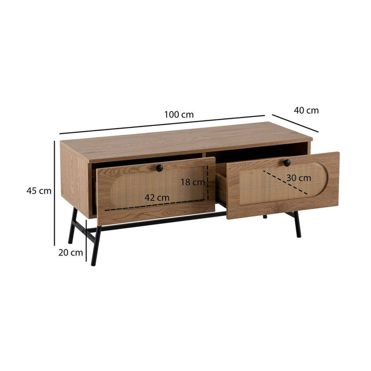 Wohnling Lowboard in Eiche Natur im skandinavischen Design aus Polyrattan und Holz, B/H/T: 100 x 45 x 40 cm - Bild 2