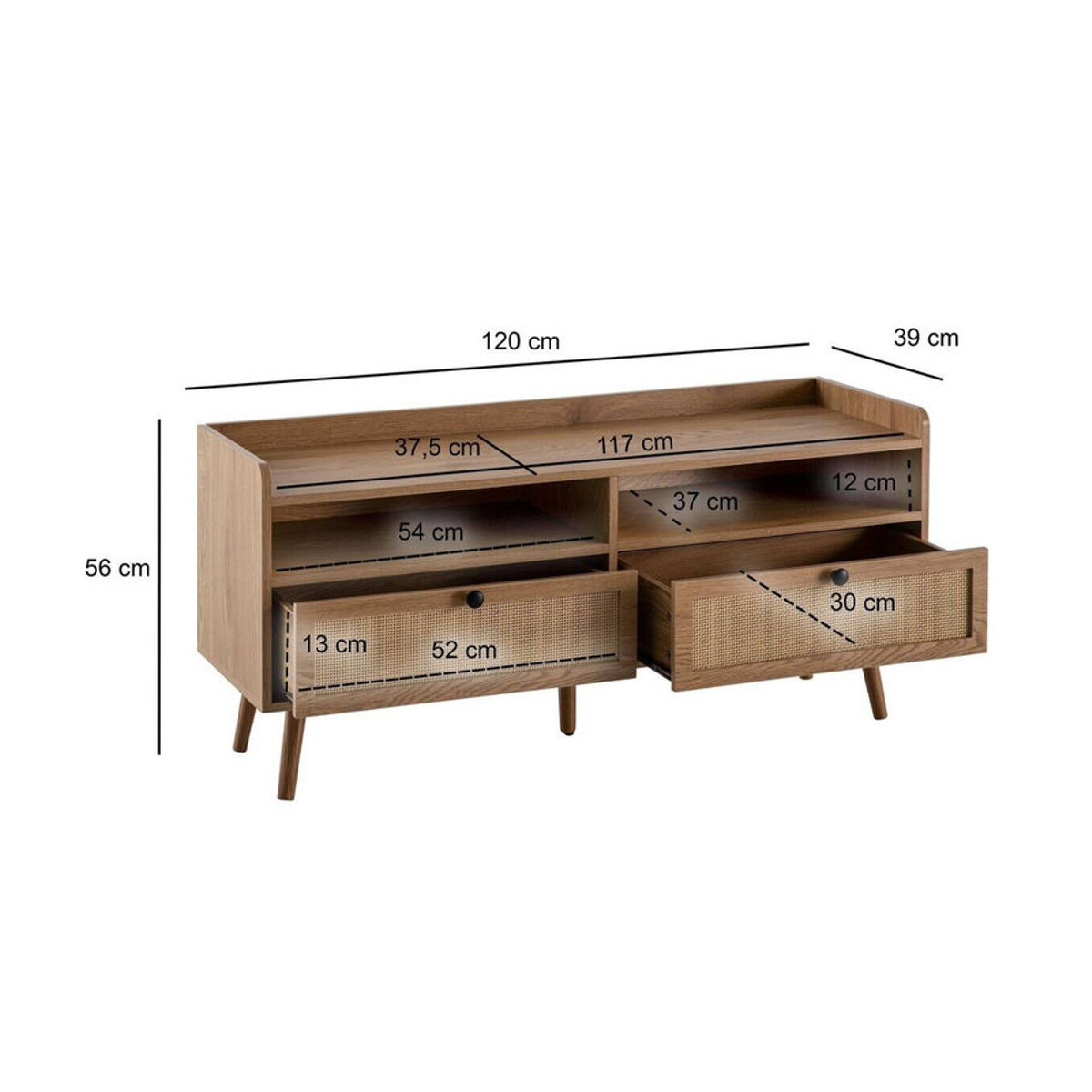 Wohnling Lowboard in Eiche Natur im skandinavischen Design B/H/T: 120 x 56 x 39 cm - Bild 3