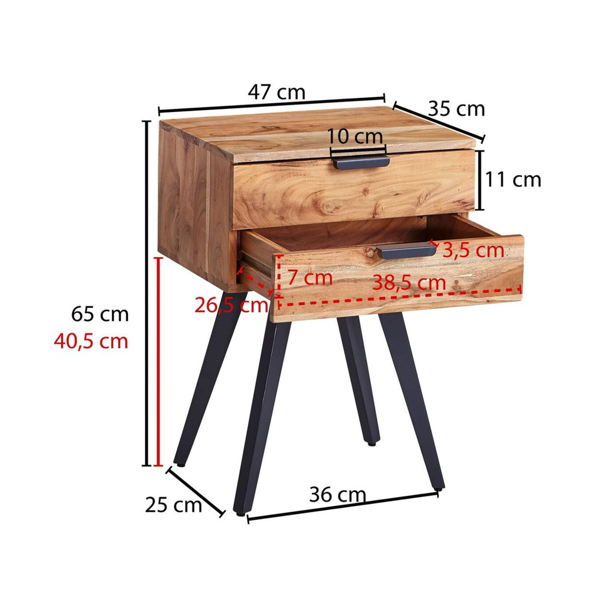 Wohnling Nachtkonsole im Industrial Design aus Akazien-Massivholz und Metall, Braun, B/H/T: 47 x 65 x 35 cm - Bild 2
