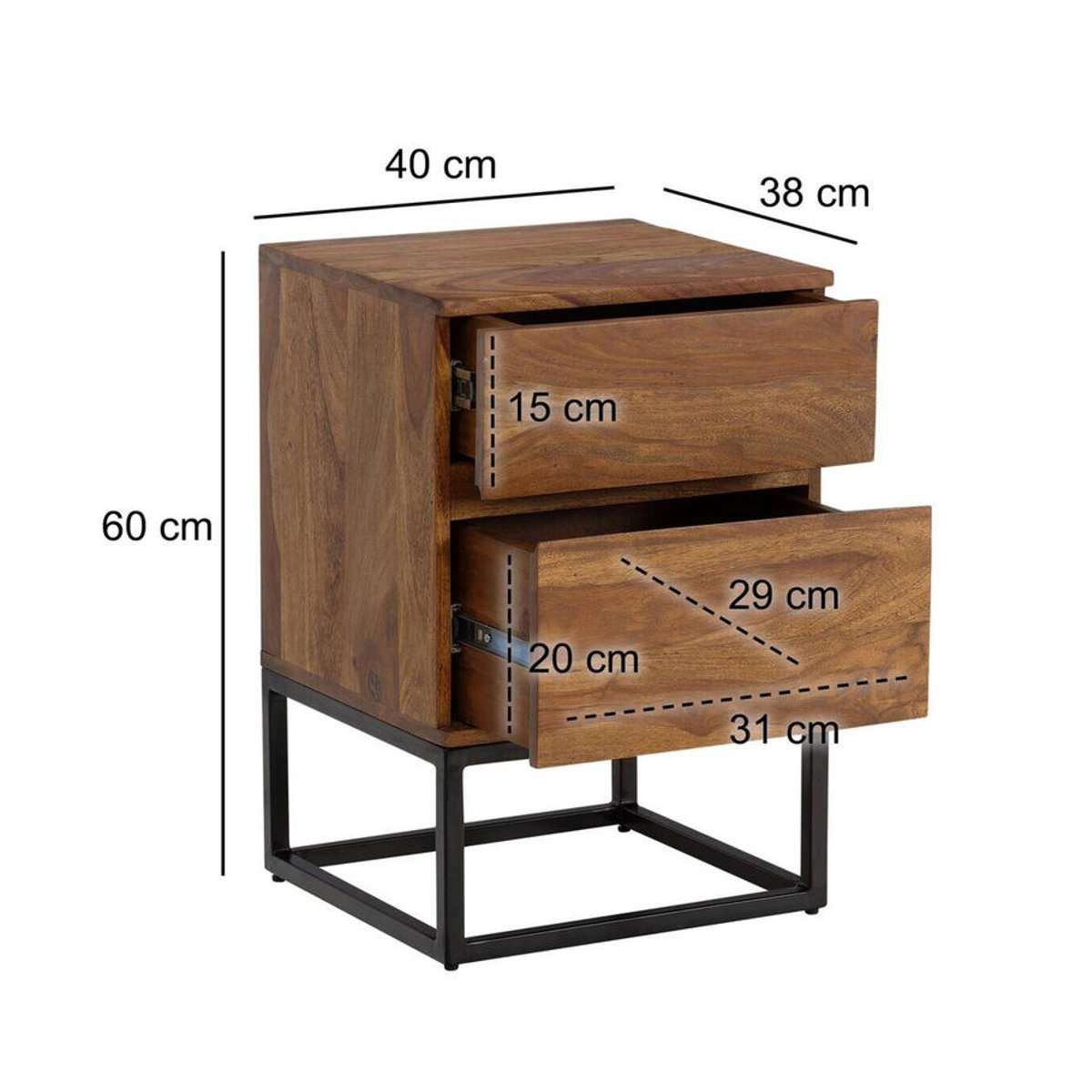 Wohnling Nachttisch im Industrial Design aus Massivholz und Metall, Braun, B/H/T: 40 x 60 x 38 cm - Bild 5