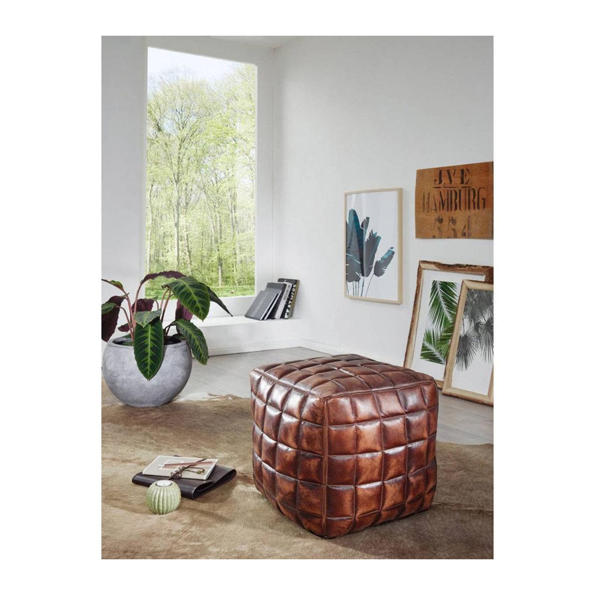 Wohnling Polsterhocker aus braunem Echtleder im modernen und klassischen Design B/H/T: 39 x 41 x 39 cm - Bild 3