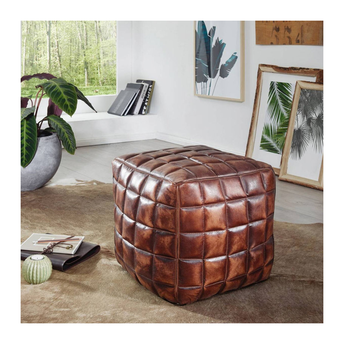 Wohnling Polsterhocker aus braunem Echtleder im modernen und klassischen Design B/H/T: 39 x 41 x 39 cm - Bild 5