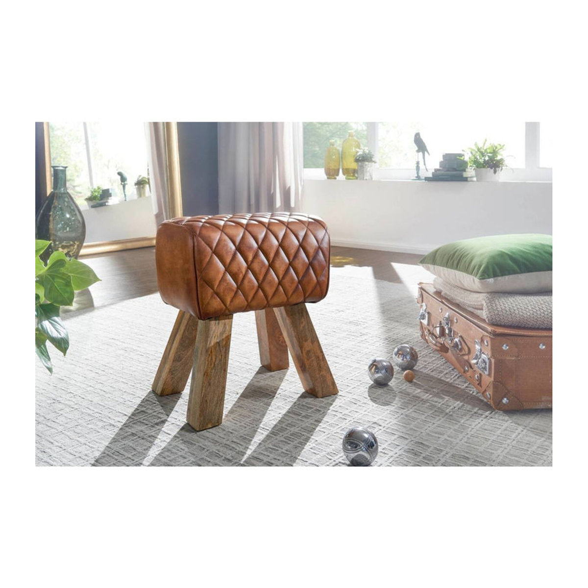 Wohnling Polsterhocker Sitzbank aus Echtleder und Massivholz in Braun Natur im Industrial Design B/H/T: 40 x 48 x 27 cm - Bild 3