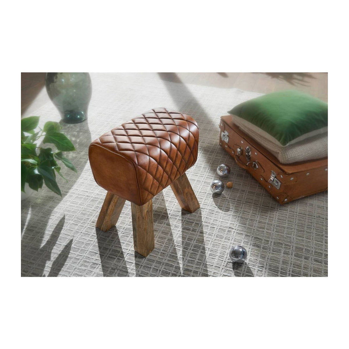Wohnling Polsterhocker Sitzbank aus Echtleder und Massivholz in Braun Natur im Industrial Design B/H/T: 40 x 48 x 27 cm - Bild 4
