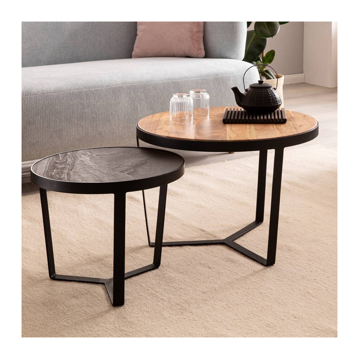 Wohnling Satztisch 2er-Set Rund im Industrial Design aus Holz, B/H/T: 60 x 40 x 60 cm - Bild 3