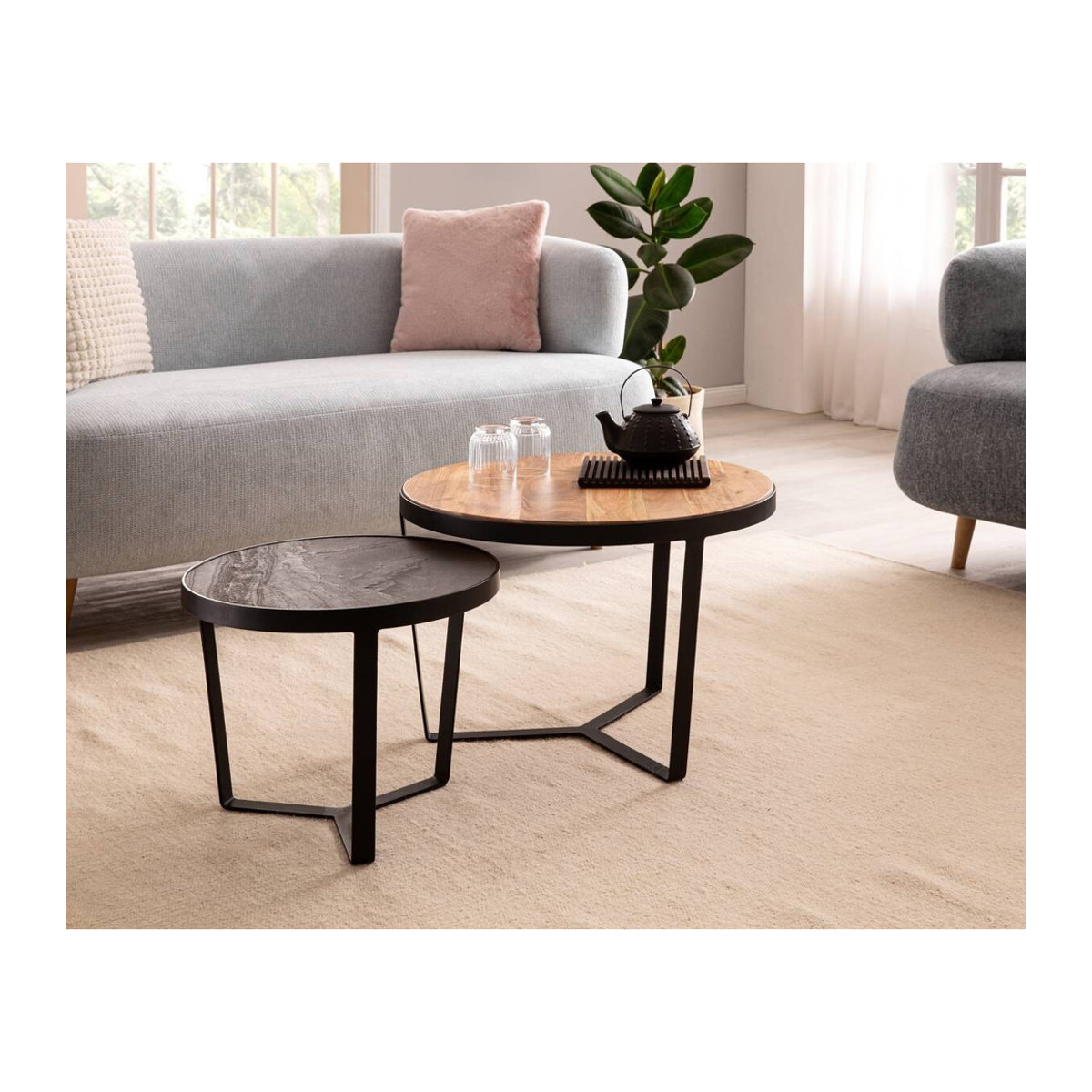 Wohnling Satztisch 2er-Set Rund im Industrial Design aus Holz, B/H/T: 60 x 40 x 60 cm - Bild 4
