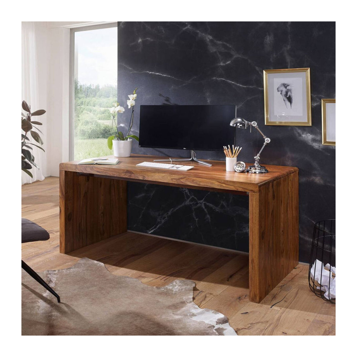 Wohnling Schreibtisch aus Massivholz in Natur Braun B/H/T: 140 x 80 x 76 cm - Bild 3