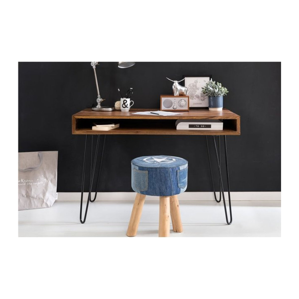 WOHNLING Schreibtisch BAGLI aus Massivholz und Metall im Industrial Retro Design, Braun/Natur/Schwarz, B/T/H: 110 x 60 x 76 cm - Bild 1