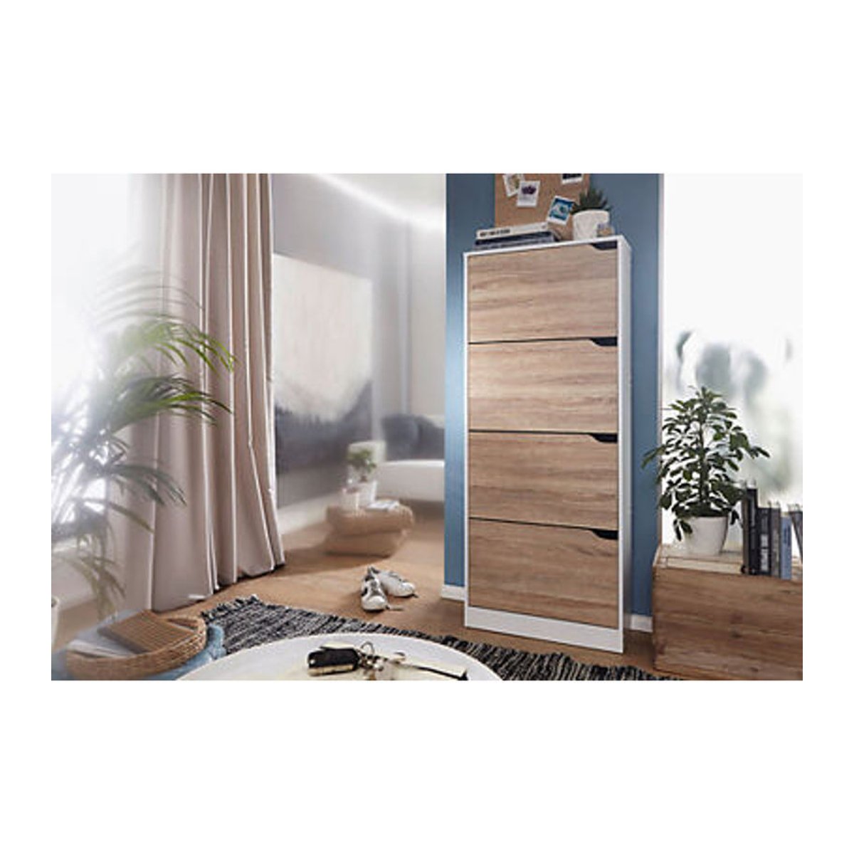 WOHNLING Schuhschrank VERA in Eiche Natur und Weiß mit Falttüren für 24 Paar Schuhe, B/H/T: 60 x 150 x 24 cm - Bild 3
