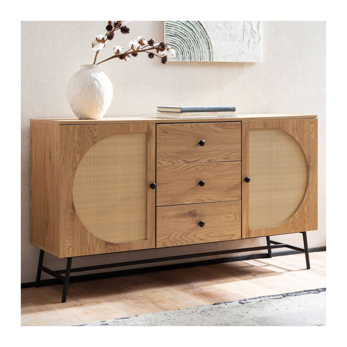 Wohnling Sideboard in Eiche Natur im skandinavischen Design aus Polyrattan und Holz, B/H/T: 140 x 80 x 40 cm - Bild 2