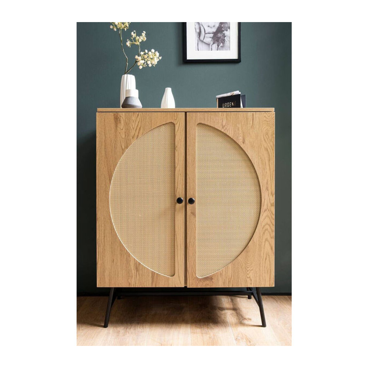 Wohnling Sideboard in Eiche Natur mit Polyrattan im Bohemian Stil, B/H/T: 80 x 103 x 39 cm - Bild 3